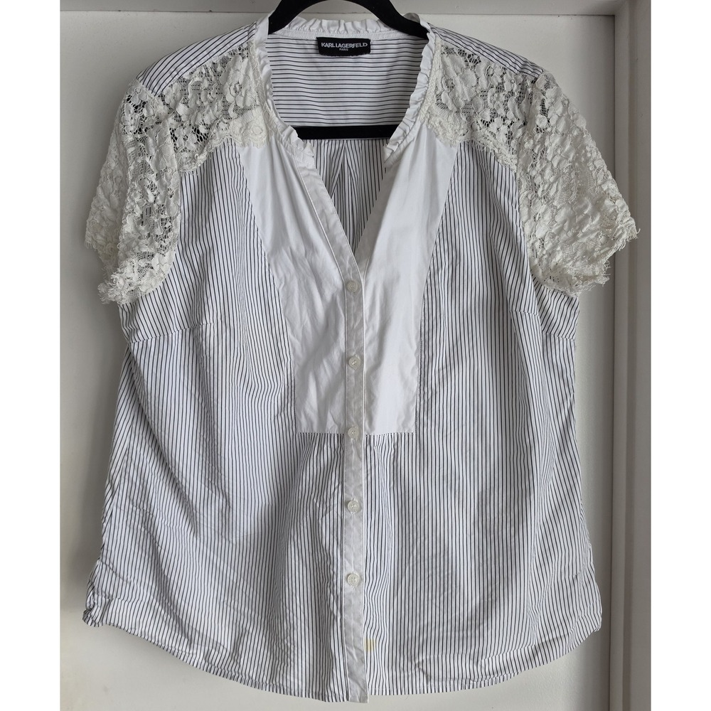 Karl Lagerfeld Paris Women's White Striped Cotton Blouse 22" Pit to Pit